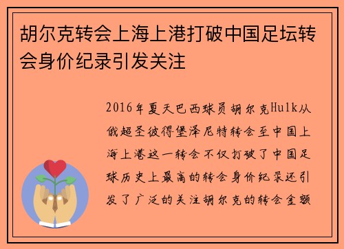 胡尔克转会上海上港打破中国足坛转会身价纪录引发关注 胡尔克转会上海上港打破中国足坛转会身价纪录引发关注