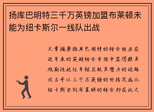扬库巴明特三千万英镑加盟布莱顿未能为纽卡斯尔一线队出战
